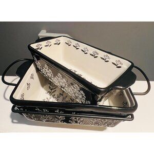 Hauswarming Stoneware Baking Dish Set with Rack | Black White Botanical Bakeware